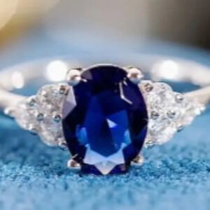 S925 Sterling Silver Oval Blue Cubic Zirconia Ring 24k gold plated Women size 8